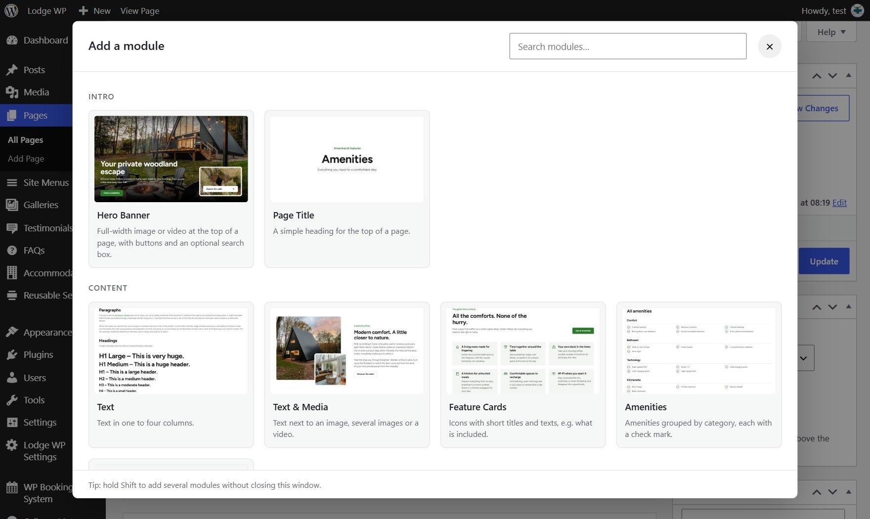 Lodge WP module picker with content section previews