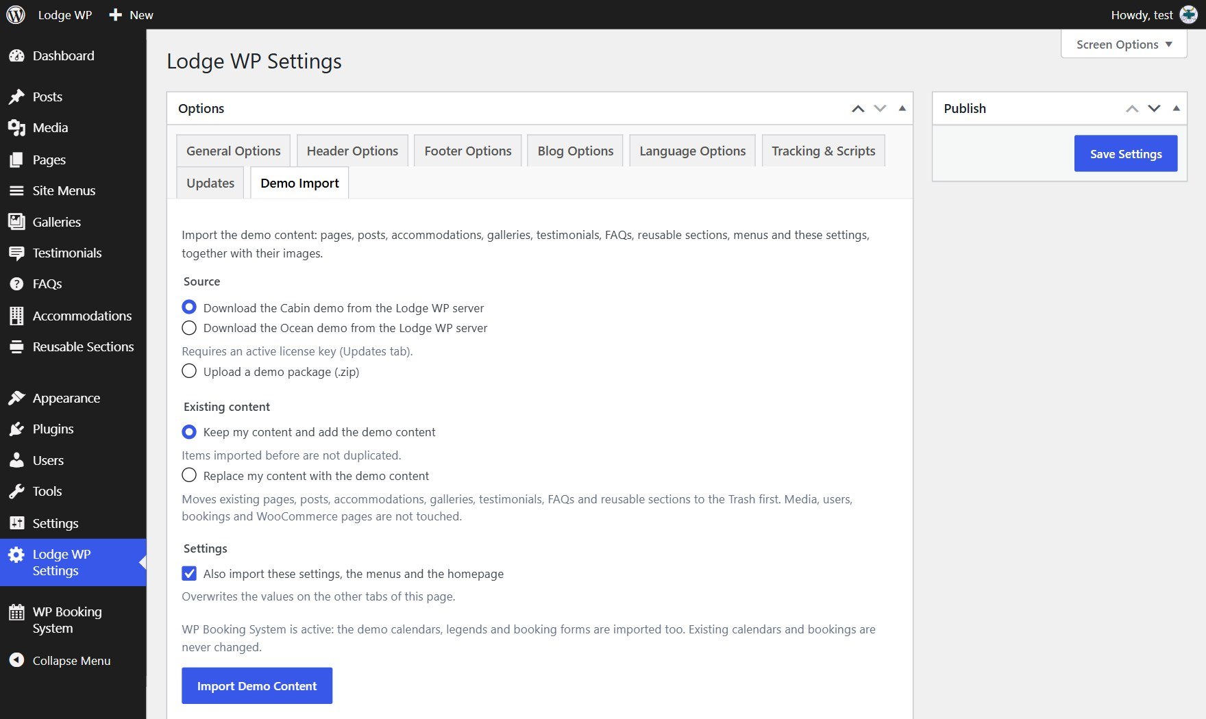 Lodge WP demo import screen in the WordPress admin