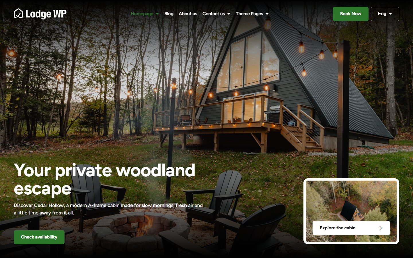 Lodge WP homepage with a full-screen hero, headline and Book now button
